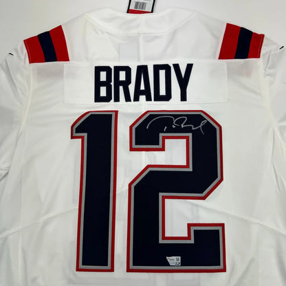 White Tom Brady Patriots jersey with BRADY and 12, official autograph, authentic NFL gear