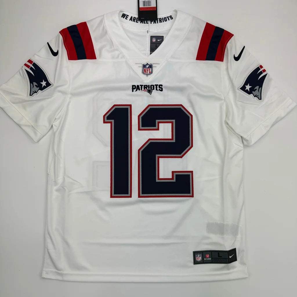 White New England Patriots jersey with 12 and authentic Tom Brady autograph