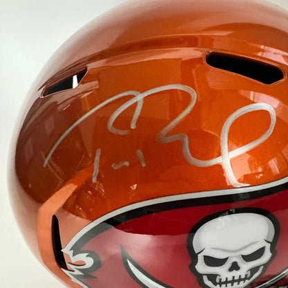 Autographed Tom Brady Tampa Bay Buccaneers Blaze Full Size FS F/S Replica Football Helmet Fanatics COA | Certified Authentic Signed Memorabilia | vintageantiquesgifts.com