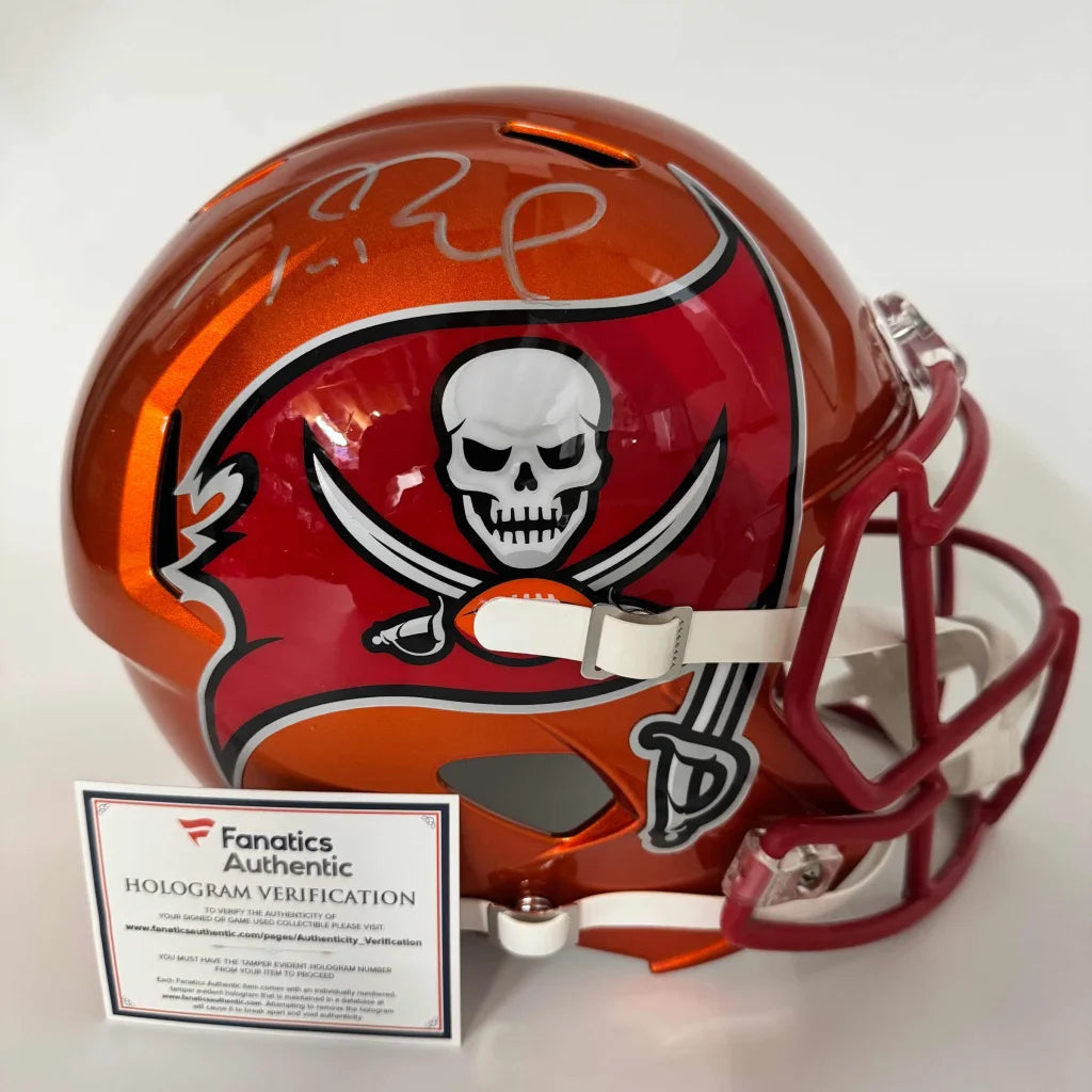 Autographed Tom Brady Tampa Bay Buccaneers Blaze Full Size FS F/S Replica Football Helmet Fanatics COA | Hall of Fame Sports Memorabilia | vintageantiquesgifts.com