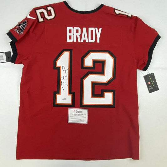 Red Tom Brady #12 autographed Buccaneers jersey with third party authentication
