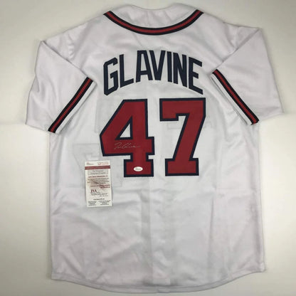 Tom Glavine Atlanta white jersey with red autograph and JSA COA for authenticity