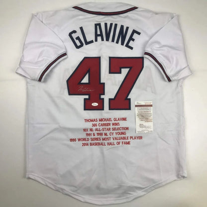 Autographed Tom Glavine Atlanta white custom jersey with name and number 47