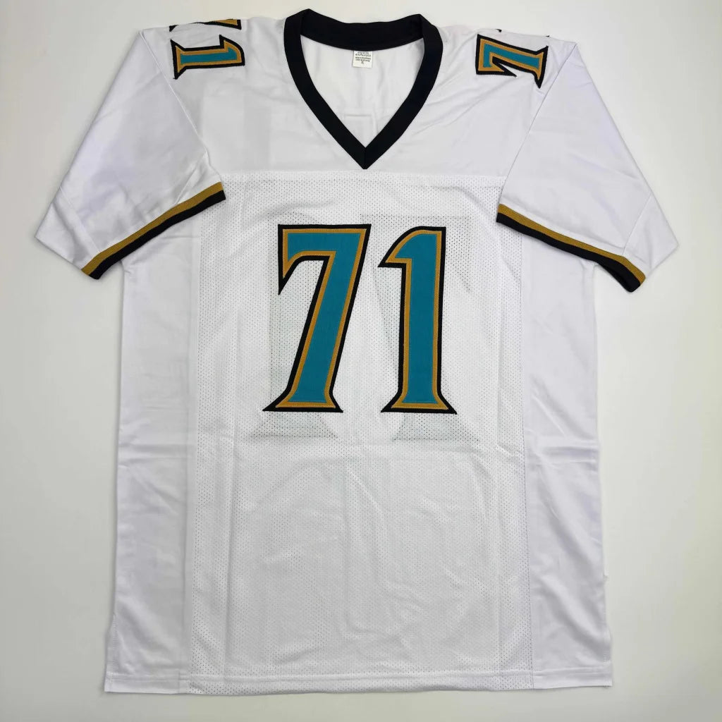 Autographed Tony Boselli HOF 22 Jacksonville White Football Jersey Beckett BAS COA | Authenticated Signed Sports Jersey | vintageantiquesgifts.com