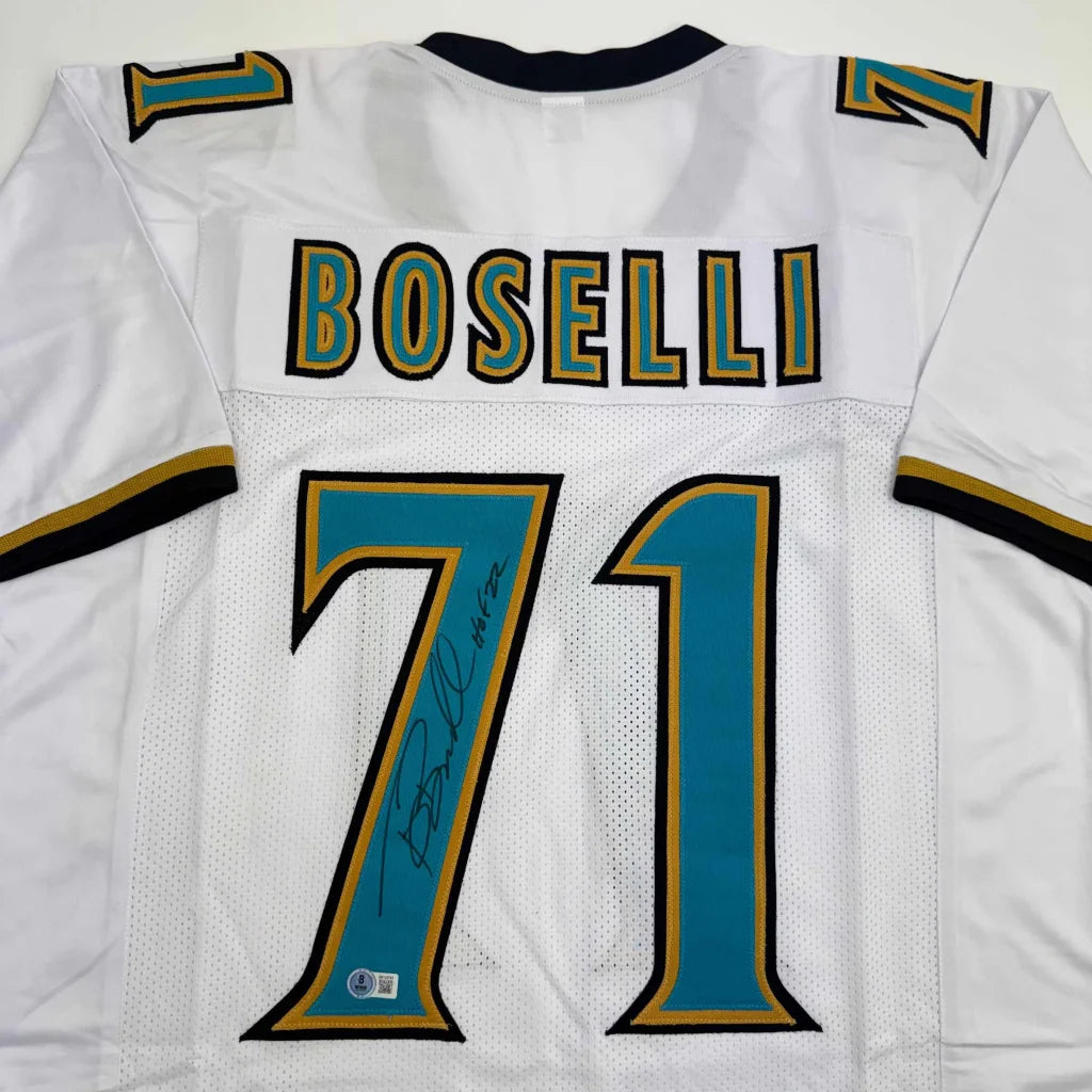 Autographed Tony Boselli HOF 22 Jacksonville White Football Jersey Beckett BAS COA | Certified Authentic Signed Memorabilia | vintageantiquesgifts.com