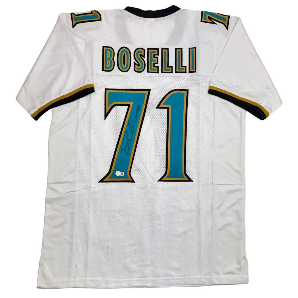 Autographed Tony Boselli HOF 22 Jacksonville White Football Jersey Beckett BAS COA | Hall of Fame Sports Memorabilia | vintageantiquesgifts.com