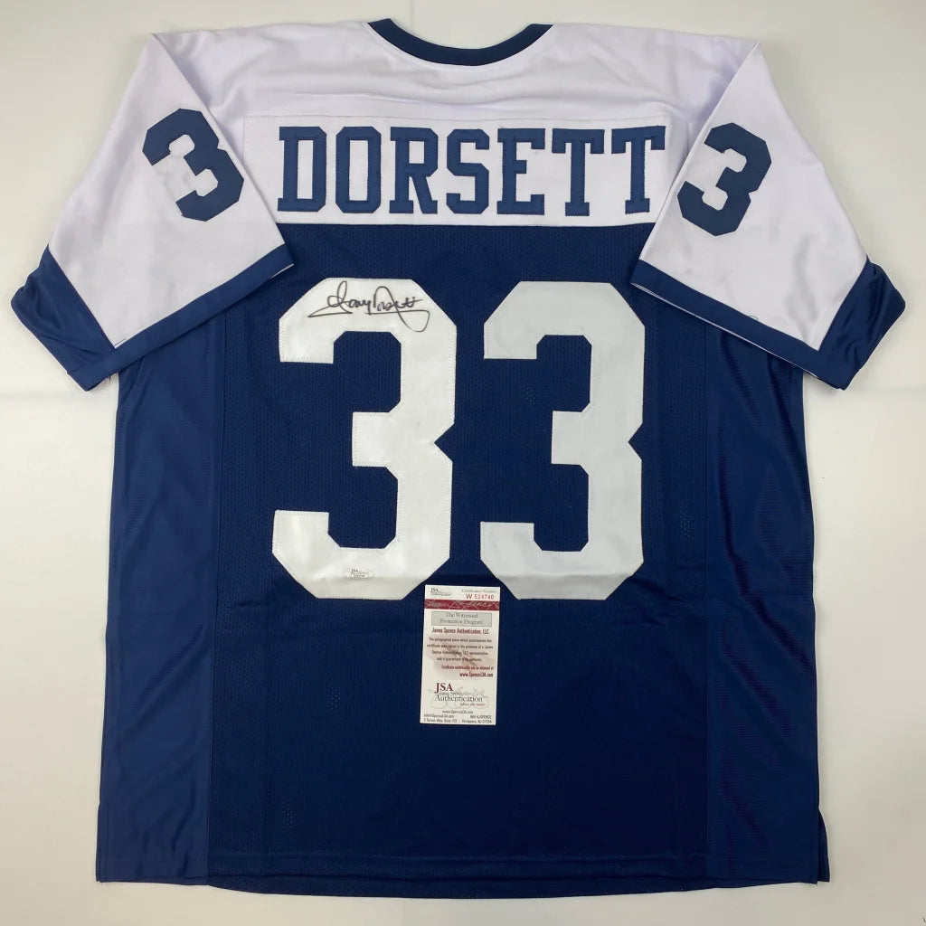 Autographed Tony Dorsett custom jersey, blue and white Dallas NFL pro sports piece with signature, name and number 33