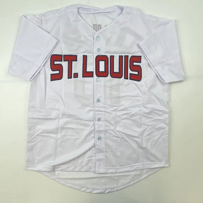 White baseball jersey with red ST. LOUIS text, Tony La Russa signed, perfect for professional sports collectors