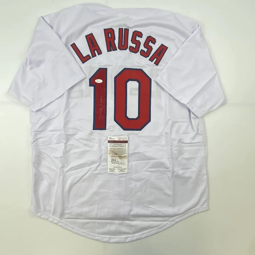 White Tony La Russa signed custom jersey with red number 10 for professional sports fans