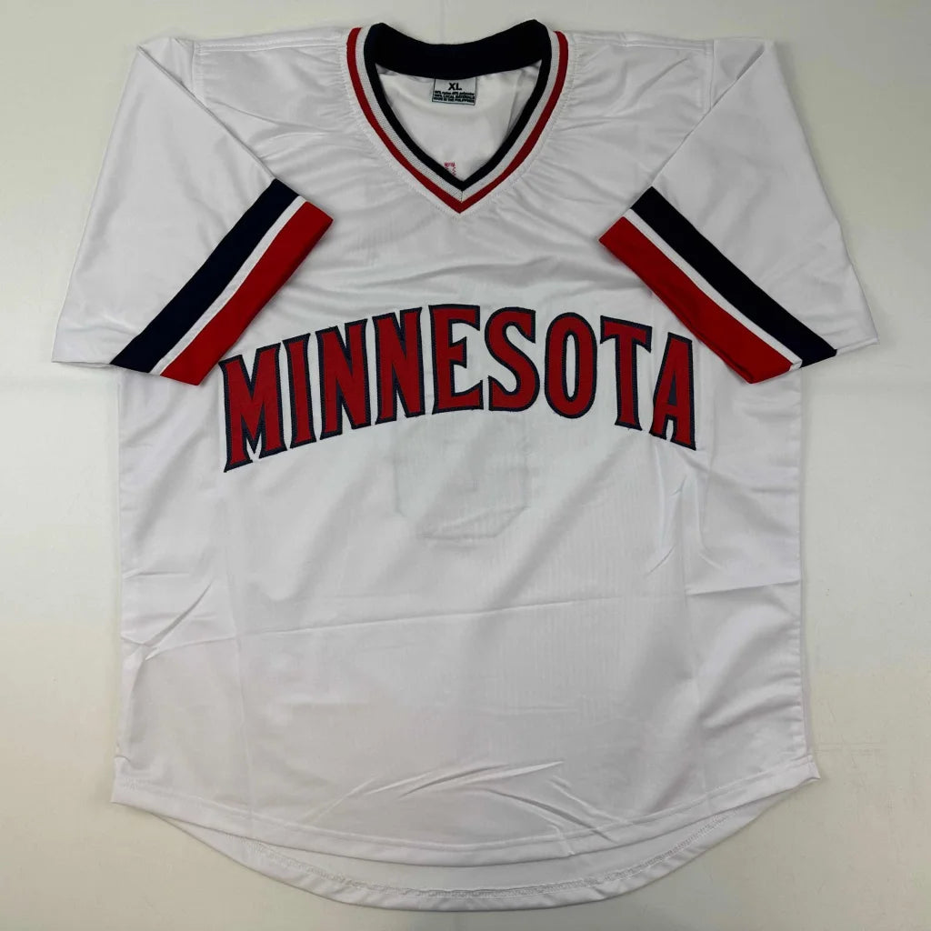 White baseball jersey with red, white, and blue trim from Custom Jersey Oliva Minnesota White collectible