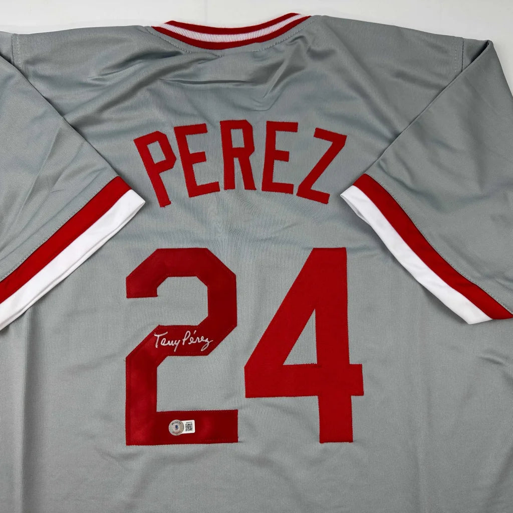 Gray baseball jersey with red trim and numbering from Custom Jersey Collectible for professional sports league