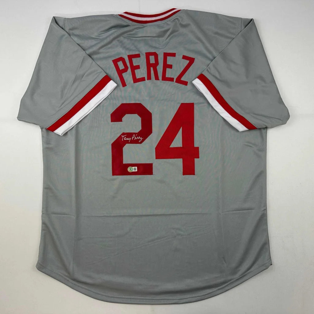 Autographed Tony Perez gray custom jersey with red trim, number 24, Beckett COA