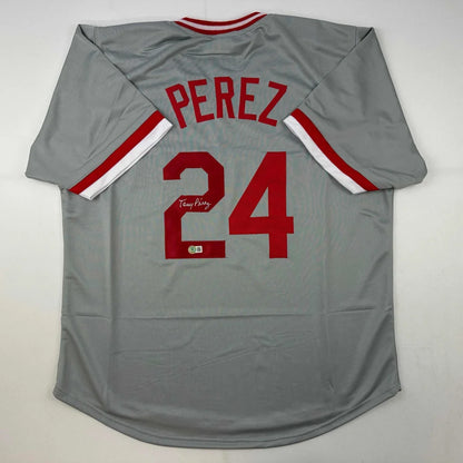 Autographed Tony Perez gray custom jersey with red trim, number 24, Beckett COA