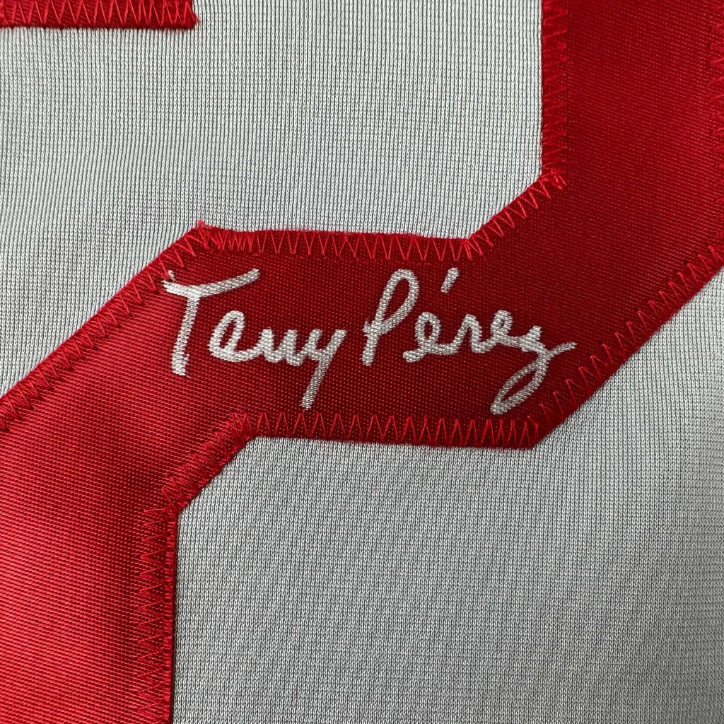 Signed Tony Perez custom jersey with red C embroidery on gray fabric