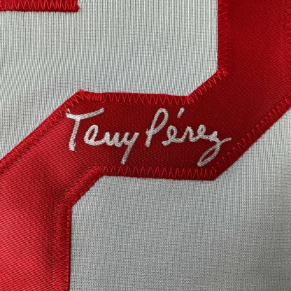 Signed Tony Perez custom jersey with red C embroidery on gray fabric