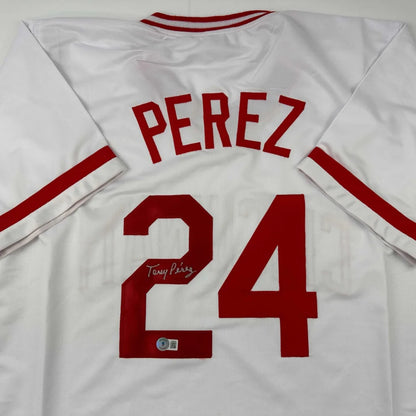 Autographed Tony Perez white custom baseball jersey back, number 24, Beckett COA
