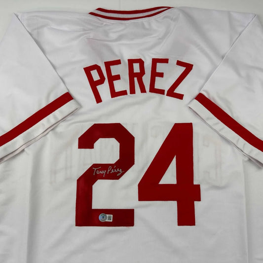 Autographed Tony Perez white custom baseball jersey back, number 24, Beckett COA