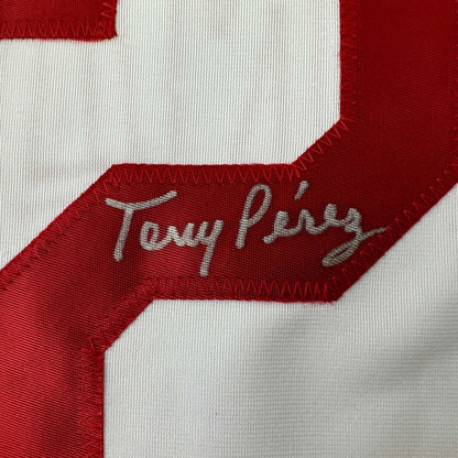 Autographed Tony Perez white custom jersey with red accents, Beckett COA