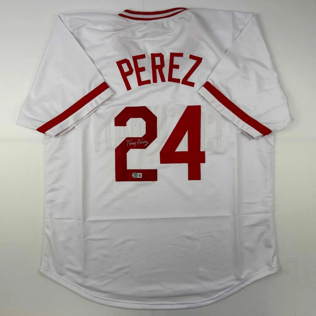 Autographed Tony Perez white custom jersey back Perez 24 Beckett COA