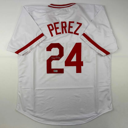 Autographed Tony Perez white custom jersey back Perez 24 Beckett COA