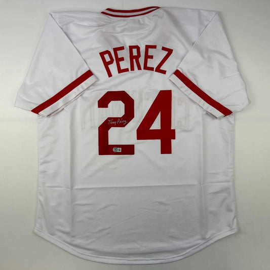 Autographed Tony Perez white custom jersey back Perez 24 Beckett COA