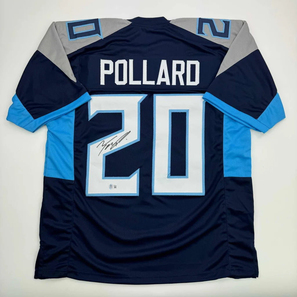 Navy blue custom jersey with light blue and gray accents, autographed, for professional sports fans
