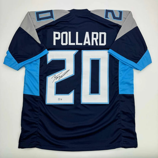 Navy blue custom jersey with light blue and gray accents, autographed, for professional sports fans