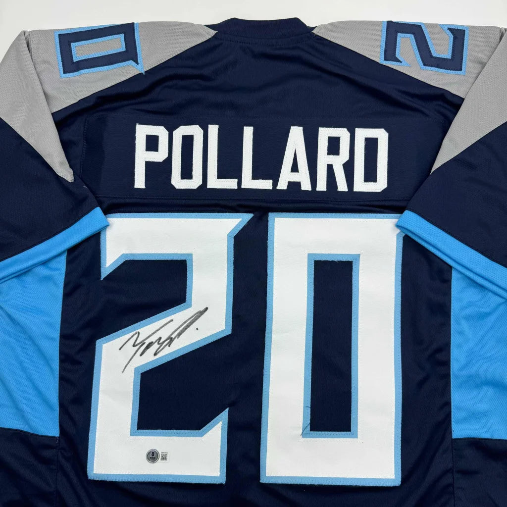 Signed navy blue custom jersey with light blue and grey accents from a pro sports league