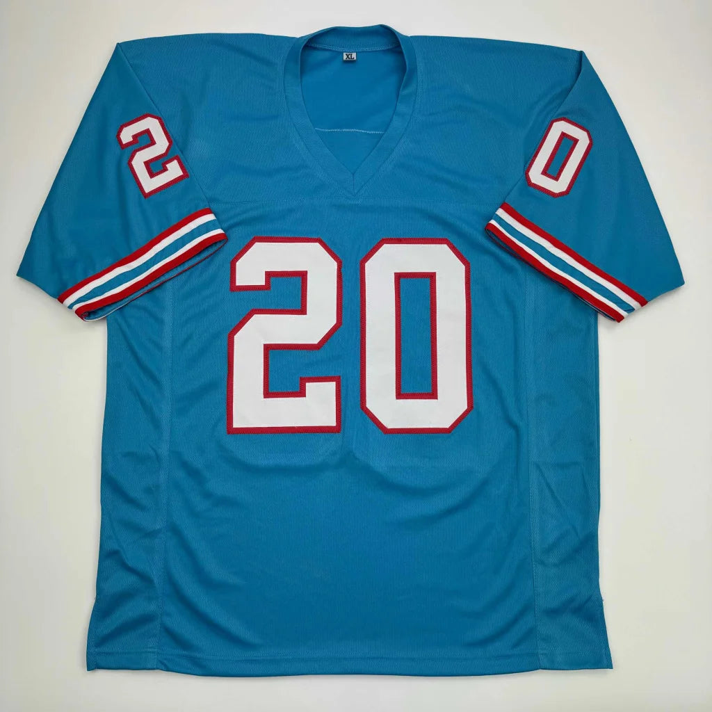 Blue American football jersey with white and red number 20 from professional sports league collection