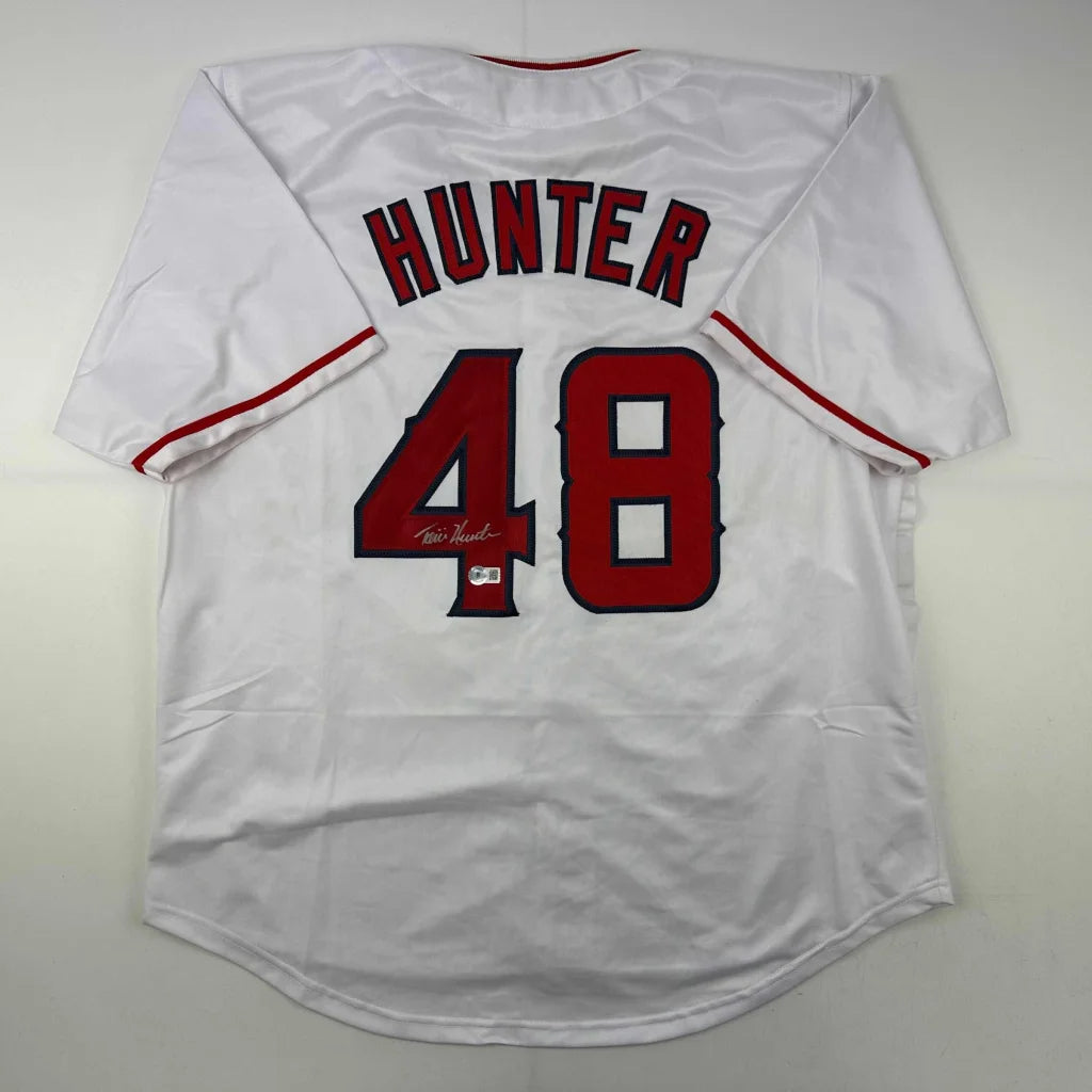 Autographed Torii Hunter Los Angeles Anaheim White Baseball Jersey Beckett BAS COA | Hall of Fame Sports Memorabilia | vintageantiquesgifts.com