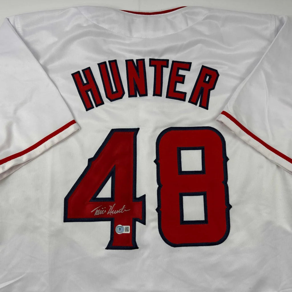 Autographed Torii Hunter Los Angeles Anaheim White Baseball Jersey Beckett BAS COA | Certified Authentic Signed Memorabilia | vintageantiquesgifts.com