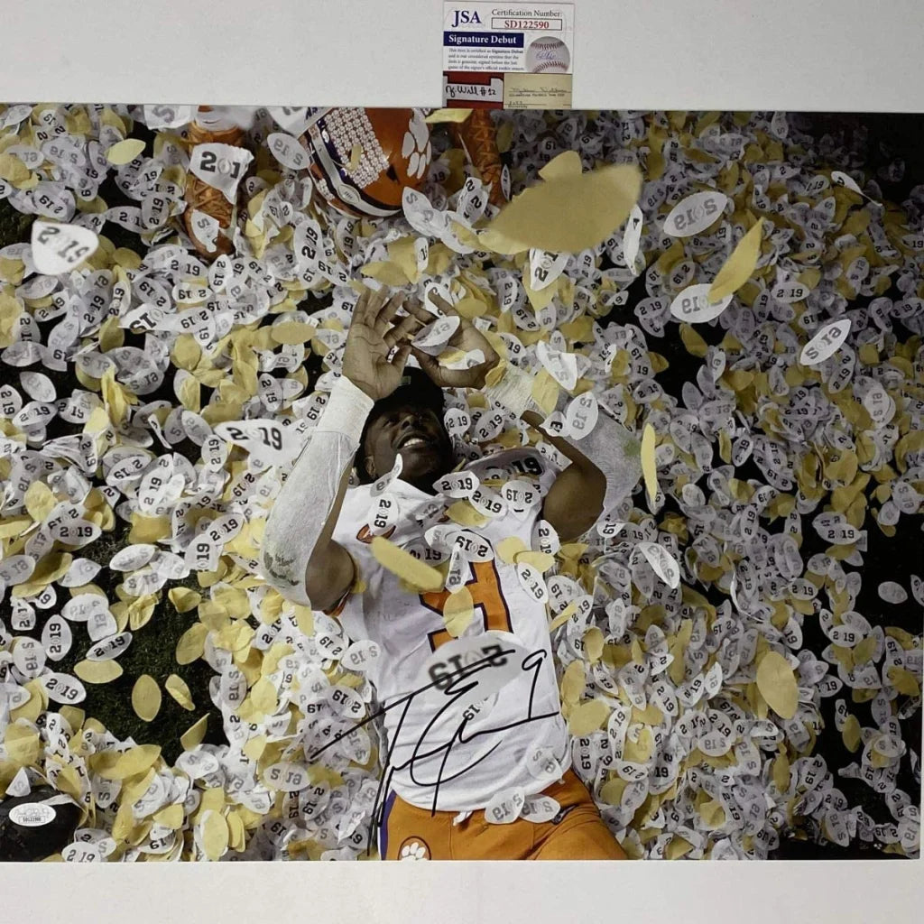 Signed Clemson football victory photo with third party authentication and confetti celebration