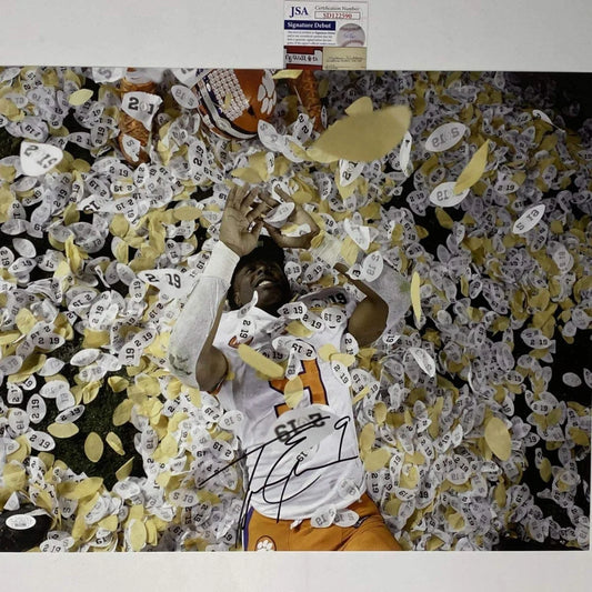 Signed Clemson football victory photo with third party authentication and confetti celebration