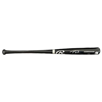 Black Rawlings baseball bat with white logo, Adirondack branding, third party authentication