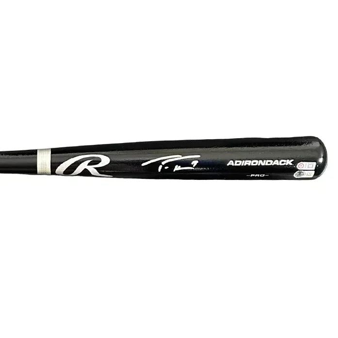 Black baseball bat with white markings from Authentic Rawlings autographed with third party authentication