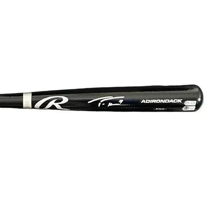 Black baseball bat with white markings from Authentic Rawlings autographed with third party authentication