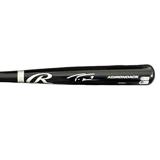 Black baseball bat with white markings from Authentic Rawlings autographed with third party authentication