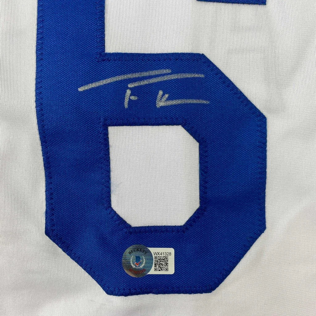 White custom jersey with blue 6 and autograph for professional sports league fans