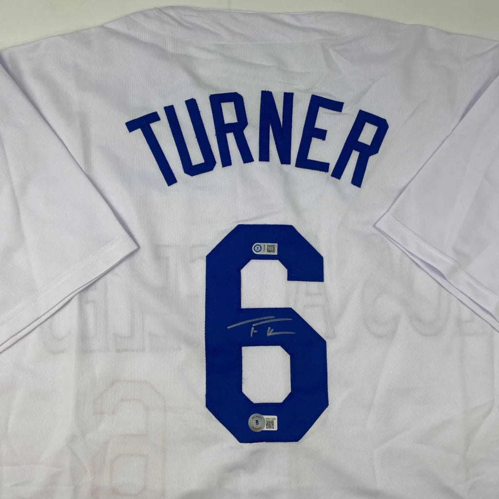 Autographed Trea Turner white custom jersey with blue Turner 6 and signature, Beckett COA
