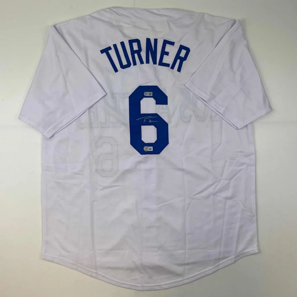 Autographed Trea Turner white custom jersey with blue Turner 6 and signature, Beckett COA