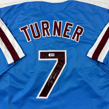 Autographed Trea Turner blue retro Phillies custom jersey with number 7