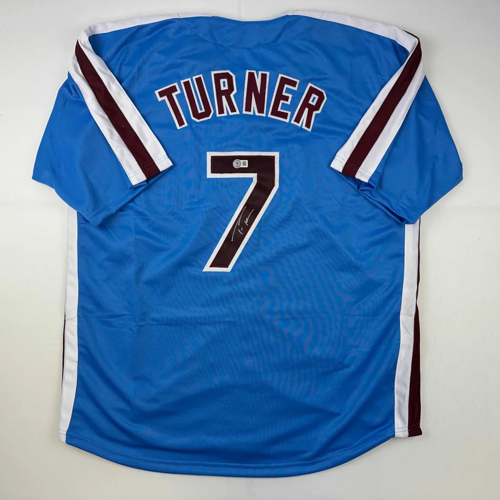 Autographed Trea Turner Philadelphia blue retro custom jersey with number 7