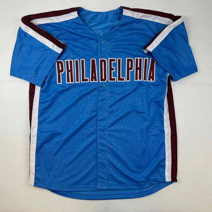 Autographed Trea Turner Philadelphia blue retro baseball jersey, custom professional sports league jersey
