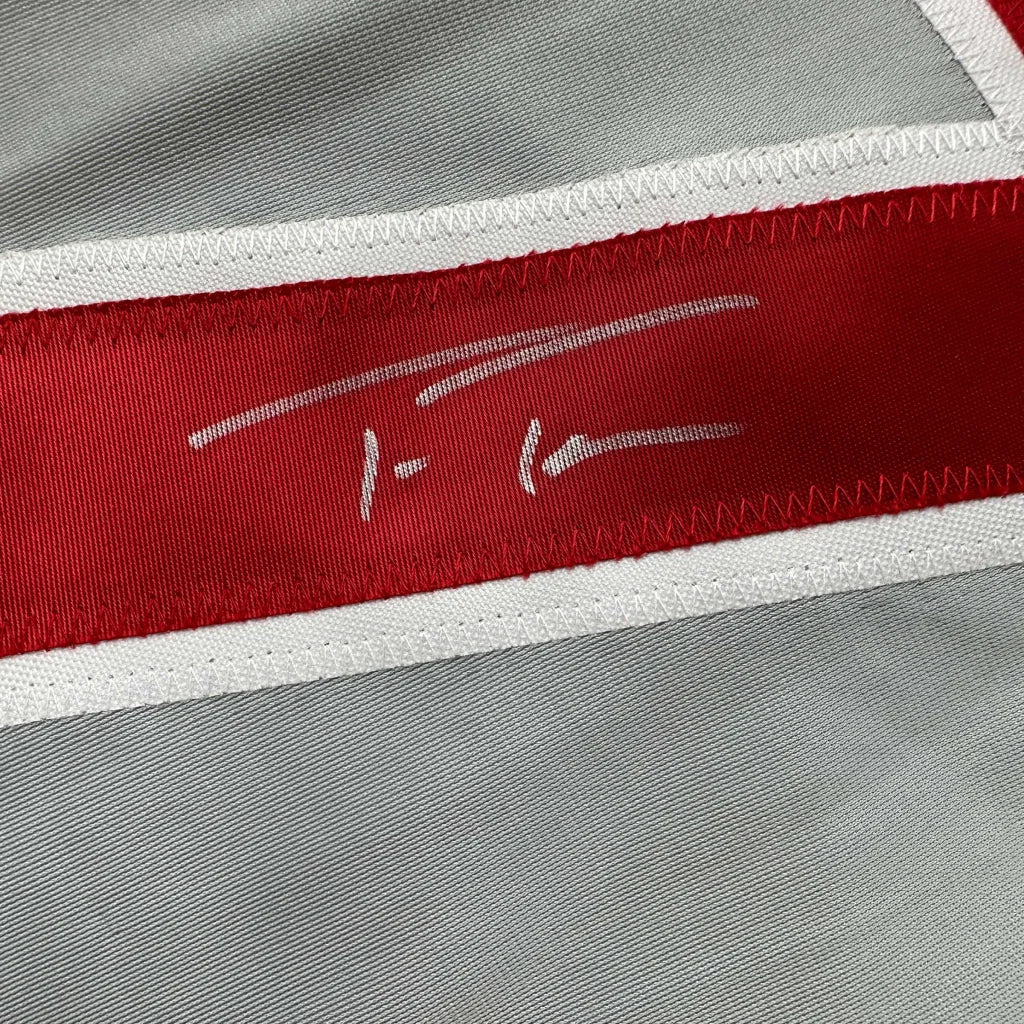 Autographed Trea Turner Philadelphia gray custom jersey with red signature stripe, white stitching, Beckett BAS COA