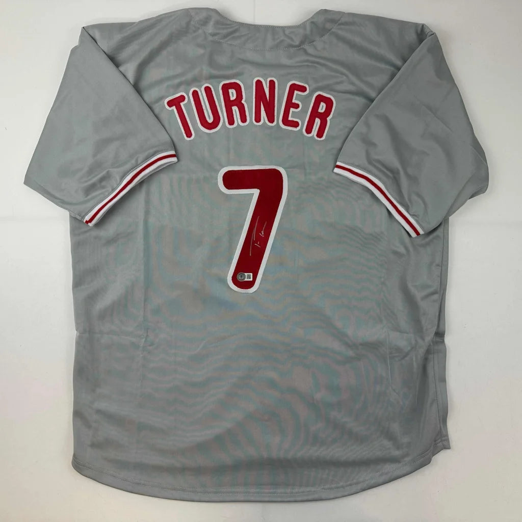 Autographed Trea Turner gray custom jersey with red name and number 7, Philadelphia Phillies professional sports league