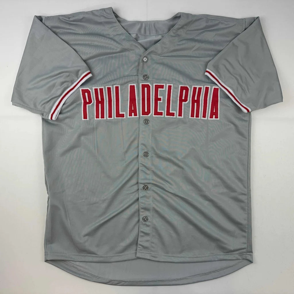 Gray custom jersey with red and white stripes and Philadelphia on chest for sports fans