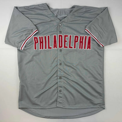 Gray custom jersey with red and white stripes and Philadelphia on chest for sports fans