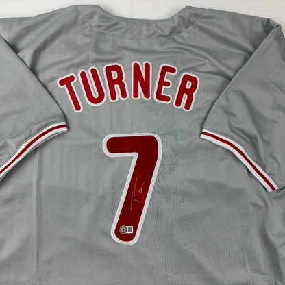 Autographed Trea Turner gray custom jersey with red 7, Philadelphia Phillies