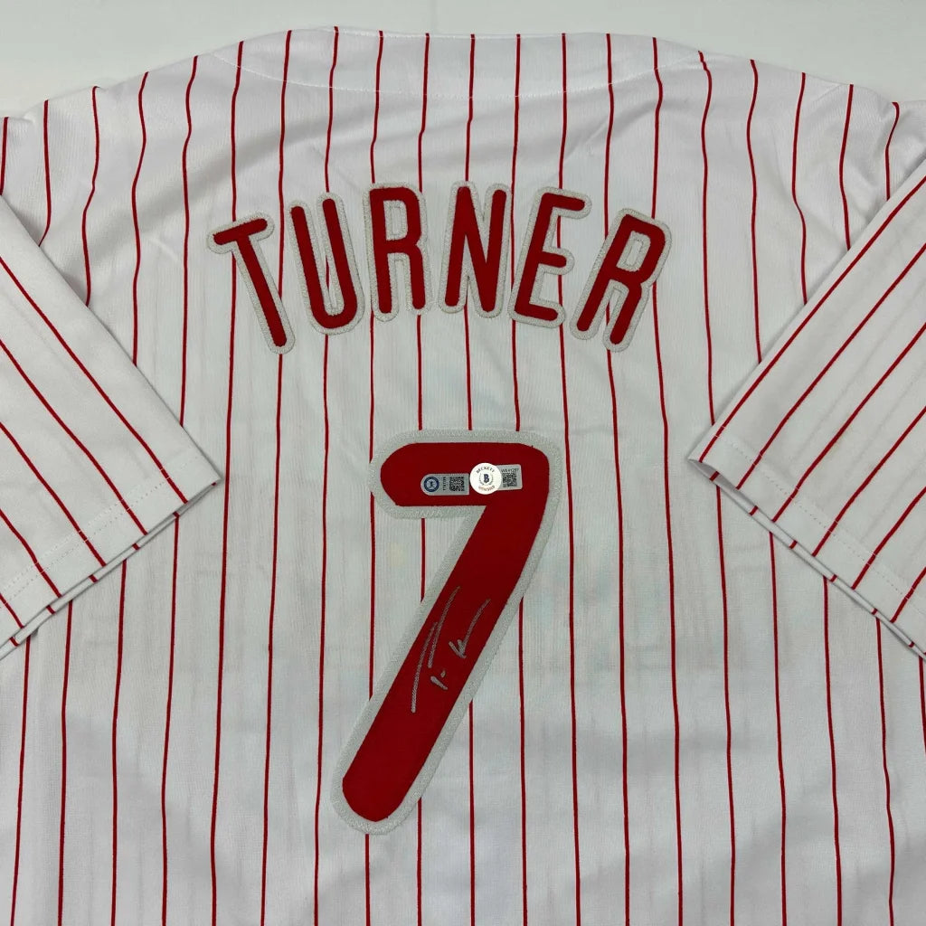 Autographed Trea Turner Philadelphia Pinstripe Baseball Jersey Beckett BAS COA | Certified Authentic Signed Memorabilia | vintageantiquesgifts.com