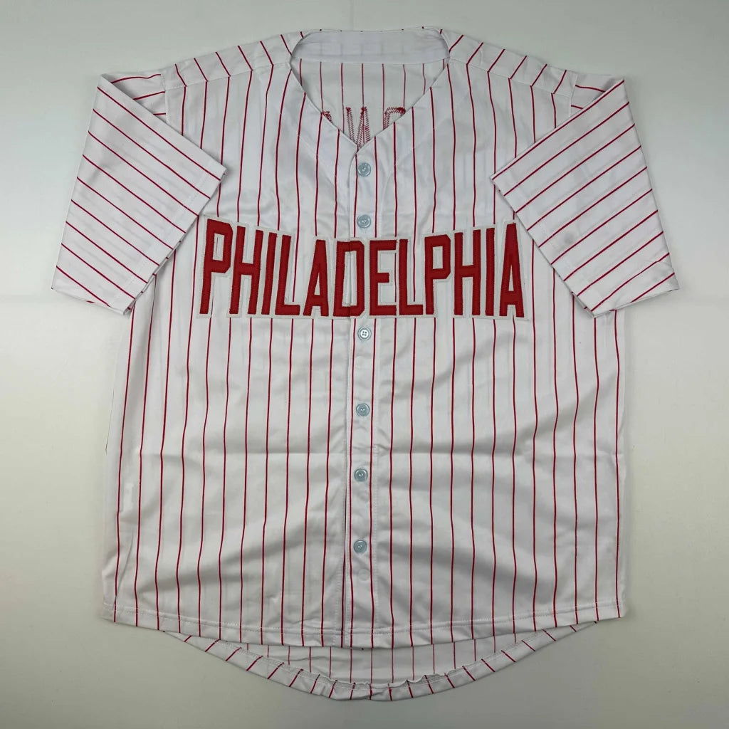 White pinstripe custom jersey with PHILADELPHIA for sports league fans and collectors